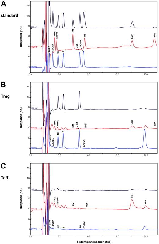 Figure 1. HPLC-ED assay of endogenous catecholamines in Tregs and Teffs. Chromatograms of a standard sample containing 300 fmol catecholamines and of each of their metabolites (A) and of representative samples containing endogenous catecholamines and metabolites extracted from 1 × 106 human Tregs (B) and 1 × 106 Teffs (C). Results in Tregs and in Teffs are from 1 representative experiment of 6 separate experiments. For quantitative data, see Table 3.