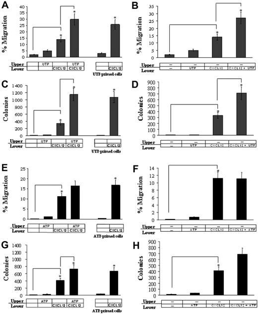 Figure 1. Chemotaxis and in vitro migration of CD34+ HSCs in response to extracellular nucleotides. The chemotactic effect of UTP on CD34+ HSCs was assessed in transwell migration assays, as described in “Materials and methods.” UTP alone (10 μM) slightly improved HSC migration but significantly enhanced CXCL12-induced chemotaxis (P < .05; A). The activity of UTP was exerted within 1 hour as shown in priming experiments (UTP/ATP-primed cells). UTP alone showed, per se, a slight chemotactic activity, but it significantly enhanced HSC migration rate when combined with CXCL12 in the lower chamber of transwell assays (P < .05; B). These results were confirmed by clonogenic assays (C-D). Conversely, ATP (1 nM) gave a borderline priming effect on CXCL12-induced chemotaxis (E,G) and no significant chemotactic activity (F,H). Results are expressed as mean ± SEM and were obtained from 6 independent experiments. *P values less than .05.