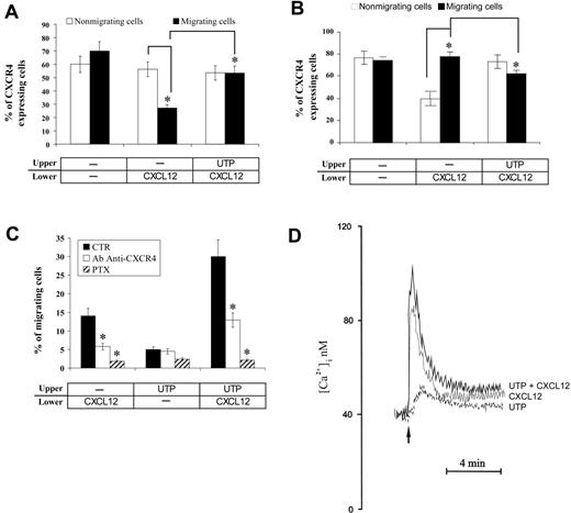 Figure 2. Membrane and intracytoplasmic CXCR4 expression in migrating and nonmigrating HSCs in response to CXCL12 and UTP. (A) Percentages of CXCR4+ cells were evaluated in migrating and nonmigrating CD34+ HSCs, collected from the lower and upper chamber of transwell plates, respectively. Among CD34+ cells migrating toward a CXCL12 gradient, we found the down-regulation of membrane CXCR4 compared with nonmigrating cells. However, when UTP was added to the upper chamber, no difference in the percentage of CXCR4+ cells was detected between migrating and nonmigrating HSCs. Intracytoplasmic staining of CXCR4 (B) demonstrated that the down-regulation of cell membrane CXCR4 is due to its internalization, which is inhibited by addition of UTP. Results were from 3 independent experiments and are shown as mean ± SEM. (C) In inhibition assays, human CD34+ HSCs were preincubated with PTX (1 μg/mL) as described in “Materials and methods.” PTX treatment almost completely abrogated spontaneous migration of UTP-treated cells and CXCL12-dependent chemotaxis. Furthermore, the CXCL12-induced/UTP-supported migration was completely blocked by treatment with PTX (93% inhibition; P < .05). Cells treated with anti-CXCR4 mAb (50 μM/mL) showed a decreased response to CXCL12 gradients, even when simultaneously cultured with UTP. Results were from 4 independent experiments and are shown as mean ± SEM. (D) Cytosolic Ca2+ concentration changes induced by UTP and CXCL12. Cells were loaded with fura-2/AM as reported in “Materials and methods.” UTP concentration was 10 μM, while CXCL12 concentration was 150 ng/mL. The arrow indicates addition of the stimuli. UTP (dashed line), CXCL12 (dotted line), and UTP + CXCL12 (continuous line). Results were from 3 independent experiments and are shown as mean ± SEM. *P values less than .05.
