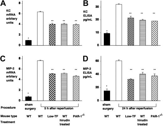 Figure 6. IR injury induces both renal KC and MIP-2 mRNA and protein. Mice underwent renal ischemia followed by 5 to 24 hours of reperfusion or sham surgery. (A,C) KC and MIP-2 mRNA was assessed by RT-PCR and levels expressed relative to 18S ribosomal RNA. (B,D) KC and MIP-2 protein was assessed by ELISA, and levels were expressed as picogram per milliliter (samples were loaded equally for total protein). WT mice undergoing IR injury had significantly elevated KC and MIP-2 mRNA and protein compared with sham-operated WT mice (*P < .001). Low-TF WT mice treated with hirudin and PAR-1−/− mice had significantly reduced KC and MIP-2 mRNA and protein compared with WT mice (**P < .001). Data are expressed as mean ± SEM.