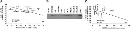 Figure 2. Correlation of AQP9 expression with As2O3 sensitivity. (A) The quantity of AQP9 mRNA, as determined by Q-PCR, was inversely related to cell survival after treatment in 2 μM As2O3 for 48 hours. ML-1 was an outlier. (B) Western-blot analysis of AQP9 expression. NB4 expressed the highest amount of AQP9 and was used as the standard for comparison in panel C. (C) AQP9 protein expression, as determined by Western-blot analysis using NB4 as the reference, showed an inverse relationship to cell survival. ML-1 was also an outlier.