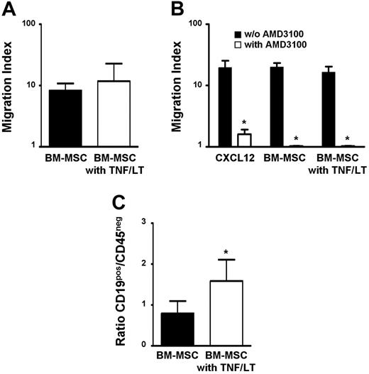 Figure 6. BM-MSCs mediate malignant B-cell migration and adhesion. (A) Migration assay. Primary LN samples from patients with FL were stained with anti-CD19 mAb and subjected to the chemotaxis assay for migration in response to supernatants from BM-MSCs treated or not with TNF/LT for 3 days. Migration index is calculated as the number of viable CD19+TOPRO-3− FL B cells migrating in response to the BM-MSC supernatant divided by the number of viable CD19+TOPRO-3− FL B cells migrating in response to culture medium. Results are the mean ± SD from 3 FL patients. (B) Role of CXCL12 in malignant B-cell migration. BL2 cell line was subjected to the chemotaxis assay in response to CXCL12 or to supernatants from BM-MSCs treated or not with TNF/LT for 3 days. When indicated, BL2 was preincubated with the CXCR4 antagonist AMD3100. Results are expressed as the migration index corresponding to the number of cells migrating in response to the chemokine or to the BM-MSC supernatant divided by the number of cells migrating in response to appropriate control medium. Results represent the mean values ± SD from 3 independent experiments. *Mean value is statistically significantly different from that obtained without AMD3100 (P<.05). (C) Adhesion assay. Primary unpurified FL samples were incubated for 2 hours with BM-MSCs pretreated or not with TNF/LT for 7 days. Unbound cells were then removed and adherent cells, including CD19+CD45+ malignant B cells, CD19−CD45+ nonmalignant hematopoietic cells, and CD45− stromal cells were collected using trypsin and quantified by flow cytometry. Results are the mean values of the ratio of CD19+ to CD45− cells (n = 4). The error bars indicate the SD of the mean. *Mean value is statistically different from that of coculture with unstimulated stromal cells (P<.05).