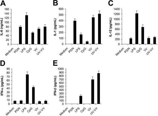 Figure 1. Secretion of proinflammatory cytokines and IFN-β by DCs stimulated with vaccinia virus (VV). DCs were generated from bone marrow cells of C57BL/6 mice in the presence of GM-CSF and IL-4 for 5 days. On day 5, immature DCs were stimulated with PGN, LPS, CpG ODN (CpG), live VV, or UV-inactivated VV (UV-VV) for 18 hours. DCs incubated with medium only serve as the control (medium). Culture supernatants were analyzed by ELISA for secretion of IL-6 (A), IL-1 (B), IL-12 (C), IFN-α (D), and IFN-β (E). Results are expressed as mean ± SD.