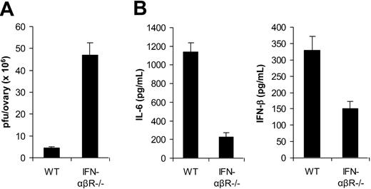 Figure 6. Innate immunity to VV is dependent on TLR-independent induction of IFN-β. (A) Innate antiviral defense. VV (1 × 107 pfu) was injected intraperitoneally into female, wild-type 129/Sv mice (WT) or IFN-αβR−/− mice on 129/Sv background (IFN-αβR−/−). Ovaries were harvested 3 days after administration of virus and measured for viral load by plaque-forming assay. Data represent viral titer as plaque-forming unit (pfu) per ovary. (B) Cytokine production. WT or IFN-αβR−/− mice were administered intravenously with 1 × 107 pfu VV, and serum samples were harvested 6 hours later for the measurement of IL-6 and IFN-β by ELISA. Error bars indicate SD.