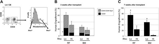 Figure 1. Lin−CD34+CD38−Rholo cells provide a significantly higher level of human engraftment than Lin−CD34+CD38−Rhohi cells in NOD/SCID mice. (A) Lineage and CD38-depleted CB cells were sorted into Lin−CD34+CD38−Rholo and Lin−CD34+CD38−Rhohi fractions. The gates for Rho sorting were set as the bottom and top 20% of Rho uptake within the Lin−CD34+CD38− population. Equal numbers of cells (3500 per mouse) from sorted fractions were transplanted and mice were evaluated for erythroid (CD45−CD36+GlyA+, ▨) and lymphomyeloid (CD45+, ▪) human engraftment at 3 weeks (n = 21 mice) (B) and lymphomyeloid engraftment at 7 weeks (n = 16 mice) (C) in both the injected right femur (RF) and remaining bone marrow (BM). (*) P < .05 versus Lin−CD34+CD38−Rhohi cells for CD45+ grafts in both panels B and C. Error bars represent SE.