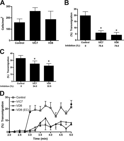 Figure 6. Anti-TF antibodies suppress early eosinophil transmigration under flow conditions. Endothelial cells were treated with 20 ng/mL IL-4 for 24 hours. Stimulated endothelial cells were assembled into the flow chamber and freshly isolated eosinophils (5 × 105/mL) were perfused over the monolayer at 2 dyn/cm2. The endothelial cells and eosinophils were pretreated for 15 minutes with buffer alone, 10 μg/mL VIC7 or VD8. (A) Total accumulated cells were determined between 4 and 5 minutes as described in “Materials and methods.” Over 90% of the accumulating cells were firmly adherent. No statistically significant differences were observed between the mean values. (B) Transmigration was assessed from multiple fields between 3 and 4 minutes or (C) between 6 and 7 minutes. (D) Transmigration kinetics as assessed every 15 seconds between 2 and 5 minutes. In some cases, the endothelial cells were selectively precoated with VD8 (VD8(EC)). Data represent means ± SEM of at least 3 experiments. *P < .05 (versus control).
