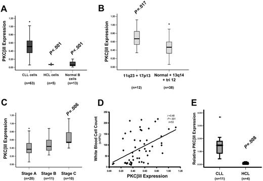 Figure 2. PKCβII is overexpressed by CLL cells. Quantitative analysis of PKCβII protein and mRNA expression. (A) Analysis of PKCβII protein in CLL, HCL, and CD19-purified normal B cells. (B) Analysis of PKCβII protein in CLL cells from patients with the indicated chromosomal abnormalities. 11q23 and 17p13 deletions were combined because these abnormalities are typically associated with severe disease.29 13q14 deletion and trisomy 12 chromosomal abnormalities were grouped with normal karyotypes because these abnormalities are not associated with severe disease.29 (C) Analysis of PKCβII protein in CLL cells from patients with different disease stages at the time of sampling. (D) Analysis of PKCβII protein in relation to white blood cell count. (A-D) PKCβII protein levels are expressed as a percentage of total cellular protein. (E) Analysis of PKCβII mRNA by quantitative RT-PCR in CLL cells and HCs. Results are expressed relative to β-actin mRNA in the same cell. Tests for statistical significance were performed with the Mann-Whitney U test.