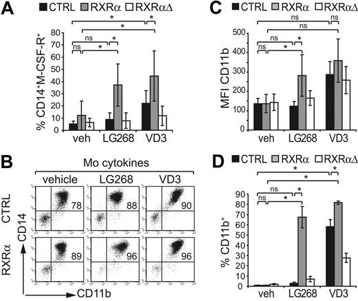 Figure 5. Ectopic RXRα augments monocyte features. (A) Human CD34+ progenitor cells were transduced with vectors encoding RXRα, RXRαΔ, or empty control (CTRL) under progenitor expansion conditions. After transduction (48 hours), cells were subcultured in serum-free G-specific cultures in the absence (veh) or presence of LG100268 (100 nM) or VD3 (60 nM) as indicated. Generated cells were analyzed by FACS for GFP versus CD14 and CD115 (M-CSFR). Bars represent the mean percentage and SD of the percentage of CD14+M-CSFR+ cells among gated GFP+ cells observed in 4 independent experiments. (B-C) CD34+ cells were transduced with empty control (CTRL) RXRα- or RXRαΔ-encoding vectors under progenitor expansion conditions. After transduction (48 hours), cells were replated in serum-free Mo-specific cultures in the absence (vehicle) or presence of LG100268 or VD3 as indicated. GFP+ cells were analyzed by FACS for CD11b versus CD14. (B) One representative of 5 independent experiments is shown (P < .05 for the percentage of CD11b+CD14+). Bars in panel C represent the average CD11b mean fluorescence intensity and SD calculated from 5 independent experiments. (D) HL60e cells transduced with empty control vector, RXRα, or RXRαΔ. Cells were cultured for 48 hours in the absence or presence of LG100268 or VD3 as indicated. GFP+ cells were gated and analyzed for CD11b. Bars represent the mean and SD calculated from 3 independent experiments. (A-D) *Significant differences at P < .05 according to a general linear statistical model; ns indicates not significant.