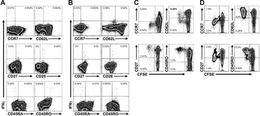 Figure 6. Phenotype of EBNA1- and influenza-specific IFNγ-secreting and proliferating CD4+ T cells. EBNA1- and influenza-specific CD4+ T-cell responses of one representative volunteer are shown. (A) After gating on CD3+CD4+ T cells, EBNA1-specific cells were identified by intracellular IFNγ staining (y-axis), and the expression of the indicated surface markers was analyzed (x-axis). The frequencies of EBNA1-specific CD3+CD4+ cells are shown in the appropriate quadrants. Gates were determined following an analysis with isotype controls (data not shown). One of 3 experiments is shown. (B) As described for panel A but characterizing IFNγ-positive influenza-specific CD4+ T cells. One of 2 experiments is shown. (C) After gating on CD3+CD4+ T cells, EBNA1-specific proliferation was identified by CFSE dilution (x-axis), and the expression of the indicated surface markers was analyzed (y-axis). The frequencies of CFSE dilute or proliferating EBNA1-specific CD4+ cells are shown in the appropriate quadrants. One of 3 experiments is shown. (D) As described for panel C but following CD4+ T-cell proliferation after influenza stimulation. One of 2 experiments is shown.
