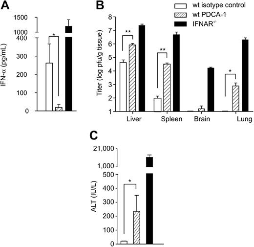 Figure 5. Effect of antibody-mediated pDC depletion on MHV infection. 129Sv mice were treated with rat IgG2b (wt isotype control) or α–mPDCA-1 (wt PDCA-1) and infected intraperitoneally with 5 pfu MHV A59 (n = 6). IFNAR−/− mice (n = 3) were used to demonstrate uncontrolled MHV spread in the absence of a functional IFN system. (A) IFN-α concentration in serum (means ± SD), (B) viral titers (means ± SD) in liver, spleen, brain, and lung, and (C) serum ALT values (means ± SD) were assessed at 48 hours after infection. (A-C) Statistical analysis was performed using Student t test (*P < .05; **P < .01).