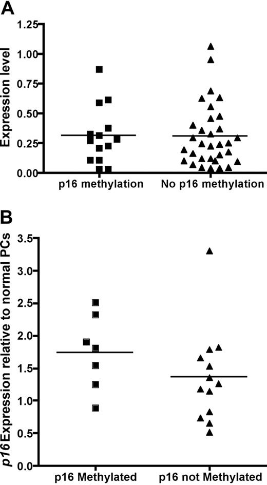Figure 1. Expression level of p16 is not affected by p16 methylation. (A) Gene expression profile between patients with methylated p16 (n = 14, mean normalized expression 0.31 ± 0.24) and unmethylated p16 (n = 32, mean normalized expression 0.31 ± 0.26). The normalized expression level p16 is similar when compared by Student t test (P = .49). (B) Quantitative RT-PCR was performed on 7 patients with p16 methylation, 11 without p16 methylation, and 5 normal unmethylated plasma cells samples. Fold change analysis relative to normal unmethylated plasma cells using the ΔΔCT method showed once again there is no difference in p16 expression between patients with and without p16 methylation as detected by MS-PCR (1.87 ± 0.43 versus 1.56 ± 0.59, P = .70, t test).
