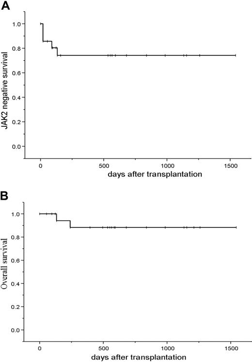 Figure 4. JAK2-V617F–negative and overall survival after allogeneic stem cell transplantation in JAK2-V617F–positive patients with myelofibrosis. (A) JAK2-V617F–negative survival; (B) overall survival; n = 21.