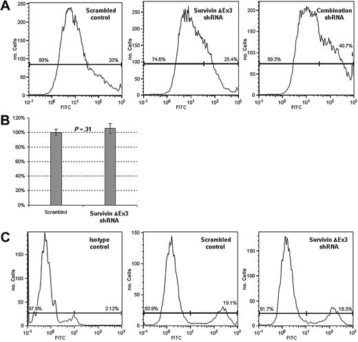 Figure 4. Disruption of Survivin ΔEx3 does not induce apoptosis or affect proliferation in HUVE cells. HUVE cells were cotransfected with scrambled shRNA, Survivin ΔEx3 shRNA, or combination shRNA along with pHcRed. Red fluorescent cells were separated by FACS at 48 hours. (A) Cells were assayed for apoptosis by staining with annexin V. (B) Cells were grown in a 96-well plate and assayed for active caspase 3 with caspase 3/7 GLO. The y-axis represents the percentage of caspase 3 activity, relative to control. (C) Cells were pulsed with 10 μM BrdU for 1 hour, and staining was performed as described in “Materials and methods,” using an anti–BrdU-FITC or an IgG isotype-FITC antibody. Both apoptosis and proliferation were analyzed by flow cytometry. Experiments were performed in triplicate, and data are shown for a representative sample set. Error bars are the standard error of the mean of three replicates per sample.