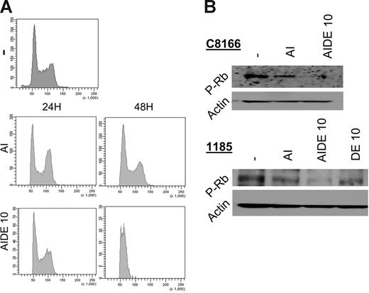 Figure 2. Emodin and DHA reduce the level of phosphorylated Rb and induce G1 cell-cycle arrest in HTLV-I–transformed cells. (A) Cell-cycle analysis of propidium iodide–stained HTLV-I–transformed C8166 cells treated with As2O3/IFN-α in the absence or the presence of emodin and DHA. (B) Western blot analysis of phosphorylated Rb in C8166 and 1185 cells treated with As2O3/IFN-α in the absence or the presence of emodin and DHA or emodin and DHA alone. Actin was used as loading control.