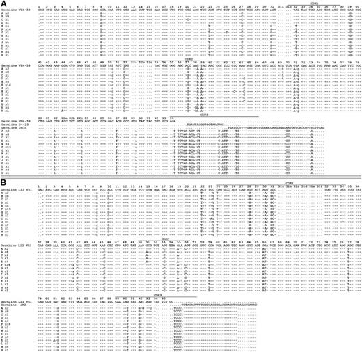Figure 1. Rearranged immunoglobulin variable region heavy chain and light chain sequence analysis of 43 single sorted cells from CLL subject 012. Sequence alignment for 14 subgroups (A-N) of the VH4-59 (A) and Vk1-L12 (B) immunoglobulin genes sequenced from 43 single CLL cells from subject 012. Dashes signify identical bases, and dots represent the absence of bases compared with the germ line genes for VH4-59 and Vk1-L12. Replacement mutations are shown in uppercase, and silent mutations are shown in lowercase. The number of sequences or CLL cells in each group is indicated and is preceded by an x.