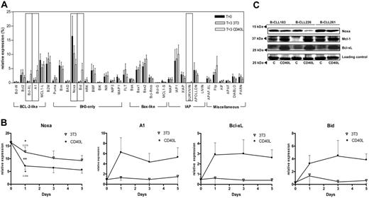 Figure 4. CD40 stimulation of peripheral blood B-CLL results in an apoptosis gene expression profile similar to lymph node B-CLL. (A) Apoptosis gene expression profile was investigated by RT-MLPA in PB samples of 11 freshly isolated B-CLL patient samples without culturing (▪) and after 3 days of culturing on either 3T3 cells (▽) or CD40L-transfected 3T3 cells (□). Data plus standard deviation are presented as in Figure 2. (B) The expression of Bcl-xL, Bfl-1/A1, Bid, and Noxa are shown at day 1, 3, and 5 of culturing on 3T3 cells (▿) or CD40L-transfected 3T3 cells (•). Statistical analysis of day 0 versus day 1 samples showed that in all cases the CD40L-treated values were significantly different (P < .01). In case of Noxa, there was also a small but significant decrease for the 3T3 control cells (P = .019), and a more pronounced effect for CD40L-treated cells (P = .004; **P = .015, difference between 3T3 and CD40L-treated cells). Error bars indicate standard deviation. (C) Western blot of t = 0 samples in comparison with CD40L-treated cells at day 3 for Noxa, Mcl-1, and Bcl-xL showed that Noxa protein levels decrease, whereas Mcl-1 and Bcl-xL increase. For B-CLL sample 226 the Mcl-1 levels at t = 0 were in fact undetectable (see also Figure 3).