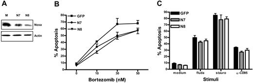 Figure 6. Noxa reduction by RNAi specifically prevents apoptosis induction by proteasome inhibitors. Ramos Burkitt lymphoma cells were retrovirally transduced with 2 RNAi constructs targeting Noxa (N7 or N8) or GFP control. (A) Western blot demonstrating reduced Noxa expression in Ramos-N7 and-N8. Equal protein loading is shown by reprobing for β-actin. (B) Mock-, N7-, and N8-transduced Ramos FSA cells were cultured 24 hours in the presence of indicated concentration of bortezomib. Viability was assessed by annexin V/MitoTracker staining and FACS analysis. Data represent mean ± SD from 3 independent experiments. (C) Cells were incubated for 24 hours in medium containing 100 μM fludarabine (fluda), 0.25 μM staurosporine (stauro), or 5 μg/mL α-CD95, and analyzed as in panel B.
