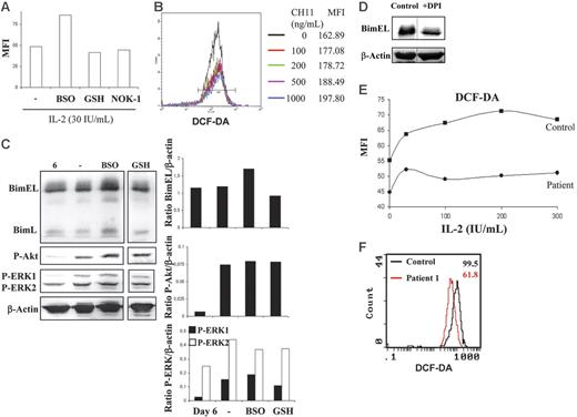 Figure 6. The levels of H2O2 control Bim expression in T-cell blasts are reduced in T-cell blasts from the ALPS-Ic patient. Day-6 T-cell blasts were cultured in the presence of 30 IU/mL of IL-2 for 24 hours in the absence of any additional treatment or in the presence of 400 μM BSO, 5 mM GSH, 1 μg/mL of NOK-1, or 0.5 μM DPI, as indicated. After the treatments, the intracellular levels of H2O2 were determined by DCF-DA staining and flow cytometry (A), or extracts were obtained and anti–phospho-Akt, phospho-ERK1/2, anti-Bim, or anti–β-actin immunoblots performed (C-D). In panel B, day-6 T-cell blasts were treated with increasing doses of the agonistic anti-Fas mAb CH-11 for 16 hours, and intracellular levels of H2O2 were determined by DCF-DA staining and flow cytometry. In panel A, results are expressed as the mean fluorescence intensity (MFI) values obtained in each case, and those values are also shown in panel B for each CH-11 concentration. In panel C, the levels of P-ERK1, P-ERK2, P-Akt, and BimEL were quantified in a densitometer and normalized to the same amount of β-actin, and the results obtained for the BimEL/β-actin, P-Akt/β-actin, and P-ERK1/2/β-actin ratios are shown. Results in panels A-D are representative of experiments performed with T-cell blasts from 3 different healthy donors. The samples shown in each immunoblot panel were run in the same gel. The vertical lines inside the subpanels in panel D indicate that lanes were cut from the same immunoblot membrane. (E) Day-6 T-cell blasts from a healthy control or from ALPS-Ic patient 1 were cultured for 24 hours in the presence of increasing doses of IL-2, as indicated, and the intracellular levels of H2O2 were determined by DCF-DA staining and flow cytometry. Results are expressed as the mean fluorescence intensity (MFI) values obtained in each case. (F) Day-6 T-cell blasts from a healthy control (black histogram) or from ALPS-Ic patient 1 (red histogram) were cultured for 48 hours in the presence of 300 IU/mL of IL-2, and the intracellular levels of H2O2 were determined by DCF-DA staining and flow cytometry. Numbers correspond to the MFI values in each case. Results are representative of 2 different experiments.