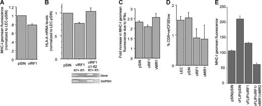 Figure 6. vIRF1 down-regulates constitutive and IFN- and vFLIP-induced MHC-I expression. (A) MHC-I surface expression in LECs expressing vIRF1 and pSIN. Mean and standard deviation were calculated after 3 independent infections (3 days after infection). (B) HLA-A mRNA levels of LECs expressing vIRF1 and pSIN (3 days after infection). Expression is normalized to LECs infected with pSIN. LECs expressing a vIRF1 mutant lacking the p300-binding site (amino acids 1-82) show similar HLA-A mRNA levels to control cells (pSIN). Comparable levels of expression for vIRF1 and vIRF1Δ1-82 were confirmed by RT-PCR, using the same set of primers for both genes. (C) Plot showing the fold increase of MHC-I surface expression due to IFN-α in LECs expressing pSIN, vIRF1, and vMIR1. (D) Percent of CD8+/CFSElow cells among allogeneic PBLs cocultured with LECs infected with pSIN, vIRF1, or vMIR1 for 7 days (see “Materials and methods” for details). (E) vIRF1 and vMIRs reverse the effect of vFLIP on MHC-I. Bar graph shows MHC-I surface expression (geomean fluorescence and standard deviation) of LECs infected with pSIN (pSIN/pSIN), vFLIP and pSIN (vFLIP/pSIN), vFLIP and vIRF1 (vFLIP/vIRF1), and vFLIP, vIRF1, and the vMIRs (vFLIP/vIRF1/vMIR1/vMIR2). Error bars were calculated based on standard deviation.