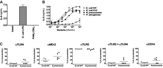 Figure 4. TLR-specific activation of HUVECs. (A) Induction of IL-6 production in HUVECs with either E coli LPS (100 ng/mL) or PAM3CSK4 (200 ng/mL). (B) Dose-dependent induction of IL-6 secretion by heat-inactivated bacteria (107/mL E coli and K pneumoniae). Error bars show ± SEM. (C) Inhibitory effects of anti-TLR4, anti–MD-2, anti-TLR2, and anti-CD14 mAbs in the activation of cells by E coli and K pneumoniae (5 different experiments). Because the magnitude of IL-6 production was variable among different HUVEC donors, results are given as the percentage of inhibition of IL-6 release compared with the condition with the isotype control antibody (corresponding to 100% activation). Duplicates were performed for all conditions tested. Horizontal lines represent the mean.