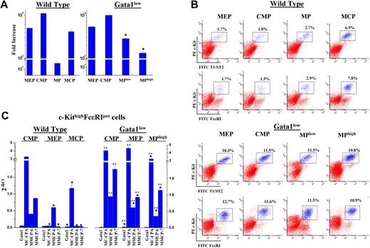 Figure 4. MEPs prospectively isolated from Gata1low marrow generate many mast cells when cultured under BMMC conditions. (A) Fold increase observed after 7 days in cultures seeded with either MEPs (CD34lowCD16/CD32low), CMPs (CD34+CD16/CD32low), MPs (T1/ST2−), or MCPs (T1/ST2+) isolated from the marrow of wild-type and Gata1low littermates, as indicated. By definition, wild-type MPs are a mixture of CMPs, MEPs, and GMPs. In the case of the Gata1low mice, MPlow and MPhigh cells (Figure 2B) were independently cultured. All of the cultures were seeded with 103 cells/mL and stimulated with SCF plus IL-3. Results are presented as mean (± SD) of at least 3 separate experiments per experimental group. (B) Flow cytometry analysis for the presence of cells with the mastocytic phenotype in day 7 cultures of MEPs, CMPs, MPs, and MCPs, prospectively isolated from the marrow of wild-type and Gata1low mice, as indicated. The c-KithighT1/ST2high antigenic profile corresponds to that of mast cell precursors and the c-KithighFcϵRI+ one to that of mature mast cells.6,21 Results from a representative experiment are shown. The mean (± SD) frequency obtained in at least 3 separate cultures per experimental point is reported in Table S2. (C) Quantitative RT-PCR analysis for the expression of Gata1 and of mast cell-specific genes by c-KithighFc_RI+ cells obtained after 7 days in cultures of the different progenitor cells prospectively isolated from the marrow of either wild-type or Gata1low mice, as indicated. The mast cell-specific genes analyzed were represented by MMCP-6, a marker for early stages of mast cell maturation,38 and MC-CPA and MMCP-7, markers for late differentiation stages of serosal24 and dermal39 mast cells, respectively. The expression profile of mast cells obtained from wild-type MCPs, for its low MMCP-7 level, is similar to that reported to be expressed by murine mast cells obtained in BMMCs.24 On the other hand, the high level of expression of MMCP-7 in mast cells obtained from wild-type MCPs suggests that this population might be preferentially enriched for precursors of serosal mast cells. The mast cells obtained from all of the Gata1low progenitors expressed a similar profile, resembling that of mast cells derived from wild-type CMPs. All of the sorted populations analyzed were more than 95% pure, on reanalyses (not shown). Results are expressed and mean (± SD) 2−ΔCt obtained in at least 3 experiments per group. Single and double asterisks indicate expression levels statistically different (P < .01) from that of the progeny of CMPs purified from the same animal and between the progeny of Gata1low cells and those of the corresponding wild-type progenitor cells.