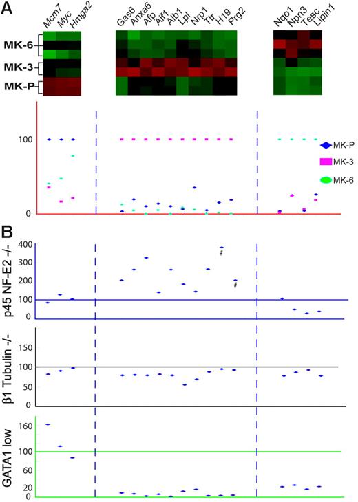 Figure 3. Molecular markers of MK differentiation stages. (A) Distinctive profiles of putative stage–selective markers revealed in microarray analysis (red = high, green = low levels) and confirmed by qRT-PCR in independent flow-sorted wild-type MK populations. To display the results, peak expression of each marker is represented at 100% in the stage with which it is best associated (although absolute levels of each may differ significantly), and transcript levels in the other 2 populations are expressed in relative terms. (B) Graphic representation of real-time qRT-PCR analysis of candidate molecular markers in unsorted (BSA gradient-purified) MKs derived from mouse models of defective MK differentiation. Individual genes are represented in the same columns throughout the figure and the levels of each are expressed in relation to those observed in wild-type (littermate) MK cultures, which is set at 100%. p45 NF-E2−/− MKs carry higher levels of genes that normally mark MK-3, with minimal change in MK-P markers and reduced levels of MK-6 genes. GATA1lo MKs show significantly reduced expression of genes that normally express well in MK-3 and MK-6, whereas changes in expression of this marker gene panel in β1 tubulin–null MKs are negligible. Error bars are omitted for ease of viewing but are included in Figure S5. #Plotted at one third of actual values to fit the scale.