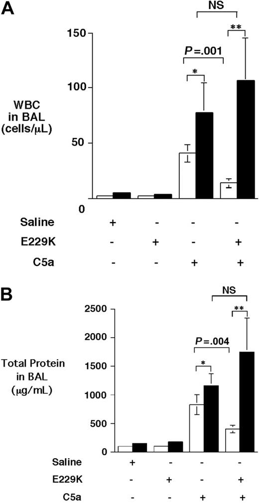 Figure 2. E229K thrombin attenuated C5a-induced alveolitis in WT but not in proCPB−/− mice. C5a (0.1 mg/mL) or saline control was instilled endotracheally in WT (□) or proCPB−/− (▪) mice. E229K thrombin or saline control was administered intravenously into the right jugular vein 5 minutes before the C5a instillation. Six hours later, BAL was performed and total WBC counts (A) and protein contents (B) in the BAL fluids were determined. (n = 6 in each group). Data are presented as mean ± SD. *P < .05; **P < .01.