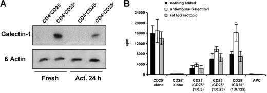 Figure 5. Expression of galectin-1 in mouse CD4+CD25− and CD4+CD25+ T cells and blockade of in vitro suppressive activity by anti–galectin-1. (A) Expression of galectin-1 in freshly isolated and in vitro–activated mouse CD4+CD25− and CD4+CD25+ T-cell populations by Western blot analysis. Samples were prepared from total-cell lysates obtained from fresh and activated T cells stimulated by anti-CD3ϵ antibody and T-cell–depleted antigen-presenting cells. The membrane was blotted with anti–mouse galectin-1 mAb (clone 201002; R&D Systems). (B) In vitro proliferation of mouse CD4+CD25− and CD4+CD25+ T cells cultured alone and in cocultures at the indicated ratios. Data are mean ± SD of 1 representative experiment of 3 experiments (*P < .011).