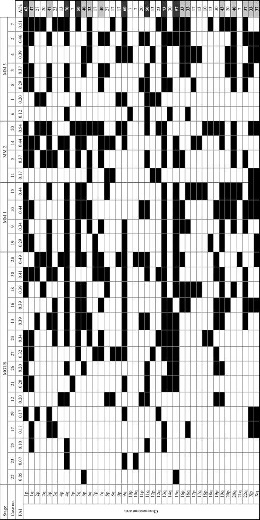 Figure 2. Allelotyping analysis of 30 MGUS/MM cases. FAI indicates fractional allelic imbalance; shaded boxes, allelic imbalance; AI% shaded in dark gray, percentage greater than 1 SD; AI% shaded in light gray, percentage greater than the mean.