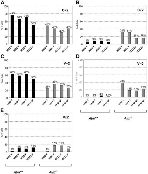 Figure 7. Biallelic TcraV deletions in ATM-deficient thymocytes. iFISH was performed with TcraC (MBAC77) and TcraV (MBAC01, Genebank accession AF259071) BAC probes. MBAC01 contains 6 Va segments located at the extreme 5′ end of the locus. Bar graphs depict the percentage of cells (vertical axis) with 0, 2, or more than 2 TcraC (C) or TcraV (V) signals per cell. For each sample 100 to 200 nuclei were imaged and scored.