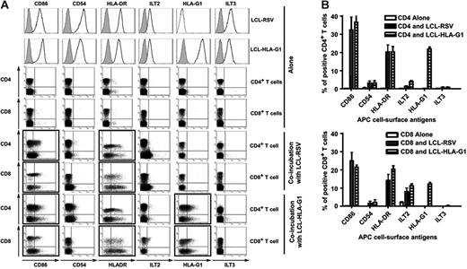 Figure 1. Cell-surface expression of HLA-G1 and APC-produced molecules on T cells cultured with LCL and LCL–HLA-G1 cells. Phenotype of T cells prior to and after a 1-hour coincubation with LCL and LCL–HLA-G1 cells. Cell-surface expression of the indicated molecules was investigated by flow cytometry for CD4+ and CD8+ T cells and HLA-G1–negative LCL-RSV and HLA-G1–positive LCL–HLA-G1 cells alone; for CD4+ and CD8+ T cells incubated with LCL-RSV cells; and for T cells incubated with LCL–HLA-G1 cells. (A) Raw data from 1 representative experiment. T cells were identified by size and CD3 expression. Filled histograms represent isotypic controls. (B) Results obtained for n = 6 independent experiments. Results expressed as percentage of CD4+ or CD8+ T cells expressing the indicated molecules (mean ± SD).