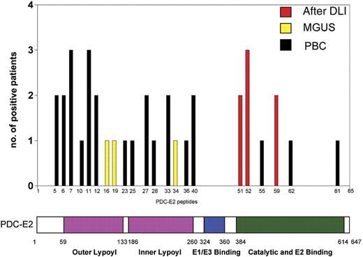 Figure 6. Comparison of antibody specificity in post-DLI, MGUS, and PBC patient serum. Serum samples (1:100 dilution) were analyzed for peptide specificity using ELISA and a set of 85 overlapping peptides representing the entire amino acid sequence of PDC-E2. The graph shows the number of samples reactive with each peptide and the corresponding functional domain of the protein.