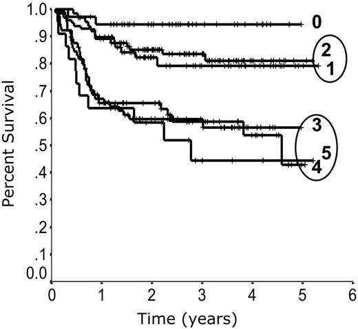 Figure 3. Outcome according to the number of International Prognostic Index (IPI) factors. Progression-free survival according to the number of IPI factors present at diagnosis.