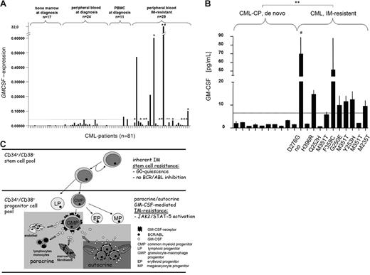 Figure 7. GM-CSF expression in primary CML samples. (A) GMCSF mRNA expression was quantitated relative to GAPDH expression in 52 patients with chronic-phase CML at diagnosis and 29 patients with CML at the time of clinically manifested IM resistance. The cell sources of mRNA (bone marrow, peripheral blood, or PBMCs) are indicated. *Presence of a BCR/ABL kinase mutation at the time of IM resistance. – indicates no available kinase mutation analysis; #, patient no. 1 (PBMCs). (B) GM-CSF ELISA. The GM-CSF concentration was determined in whole peripheral blood cell lysates of IM-sensitive patients with first-diagnosis CML and IM-resistant patients with CML. Bars represent means of duplicate measurements ± SD; **P = .006 (Mann-Whitney test). BCR/ABL kinase mutations are shown; # indicates patient no.1 (Table S1). (C) Different mechanisms of IM/NI resistance on the progenitor and stem cell compartment. Autocrine or paracrine secretion of GM-CSF stimulates BCR/ABL-independent growth and survival of GMPs.