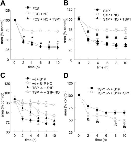 Figure 2. NO-stimulated VSMC contraction is blocked in the presence of exogenous and endogenous TSP1 and S1P. Type I collagen gels (3 mg/mL) were prepared and seeded with either HAVSMCs (A-B) (50 000 cells in 75 μL gel/well) or VSMCs harvested from aortic segments from WT or TSP1-null mice (C-D) (75 000 cells in 75 μL gel/well) and divided into aliquots in 96-well plates (Nunc, Denmark) and incubated overnight. Wells treated with TSP1 were preincubated overnight with 2.2 nM TSP1. Following release of the gels, contraction was initiated with either 10% FCS or 100 nM S1P ± 10 μM DETA/NO, and contraction was determined. *P < .05 versus FCS + NO, #P < .05 versus S1P + NO, &P < .05 versus TSP ± S1P, Student t test. Results are presented as the mean ± SD.