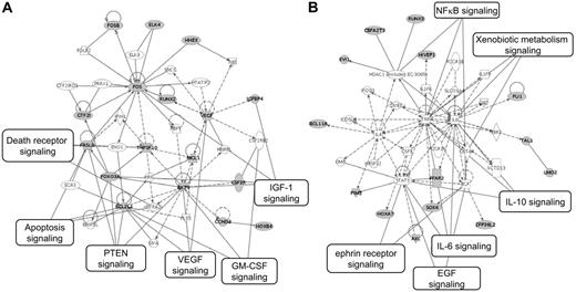 Figure 5. Ingenuity analyses of the genes listed in Table 3 reveal 2 major pathways. Note that further members of these pathways (A-B) may be highlighted when extending the analysis to the full IDDb. That is, Siva shown on the bottom of Figure 5A is a chromosomal neighbor of Akt1; this locus represents a CRVIS in the IDDb (Table 3; Table S1).