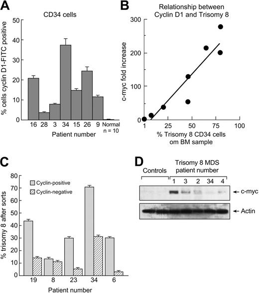 Figure 2. CD1 protein is overexpressed in trisomy 8. BMMNCs were stained with CD1-FITC and CD34-PE mAb and subjected to flow cytometry; CD34+ cells were gated, and the number of these cells staining with anti-CD1–FITC was quantitated. CD1 protein was increased in CD34 cells from patients with trisomy 8 compared with a group of healthy controls (A). CD1 expression was proportional to the number of trisomy 8 CD34 cells in the sample as determined by FISH using a specific chromosome 8 probe. (B) BMMNCs from patients with trisomy 8 were stained with CD34-PE and CD1-FITC. Cells were sorted into CD34+, CD1+, and CD1− aliquots by flow cytometry; FISH for chromosome 8 was performed on the sorted samples. There were increased trisomy 8 cells in the CD1+ fraction. (C) Immunoblots were performed on nuclear extracts of BMMNCs for c-myc. Increases in patients with trisomy 8 compared with healthy controls (n = 2) or other patients with MDS (n = 6) were seen. Error bars represent SEM.