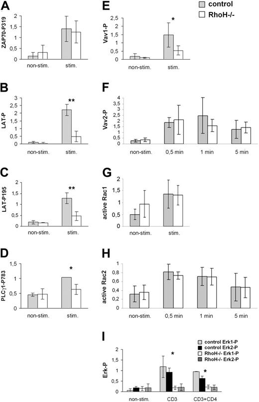 Figure 5. Impaired TCR signaling in RhoH-null DP thymocytes. DP thymocytes of 4- to 8-week-old mutant mice were sorted by FACS or MACS microbeads. TCR signaling was induced as indicated by cross-linking of biotinylated CD3 and CD4 antibodies with streptavidin for 5 minutes (A-E, I), 30 seconds (G), or indicated times (F, H) at 37°C. Total lysates were analyzed by Western blot for ZAP70-P319 (A), LAT-P195 (C), PLCγ1-P783 (D), Vav2-P (F), and Erk-P (I). Immunoprecipitations (IPs) of LAT (B) and Vav1 (E) were blotted with antiphosphotyrosine antibodies and reprobed with LAT (B) or Vav1 (E). Amounts of active Rac1 and Rac2 were determined by pull-down assays (G-H). Bar graphs represent quantifications of 5 (A), 3 (B-D,I), 4 (E), 5 (F), 10 (G), or 4 (H) independent experiments. *P < .05; **P < .01. All values are normalized to equal total amounts of the corresponding protein determined by Western blot. Representative examples of the Western blots are shown in Figure S9. Error bars show the standard deviation.