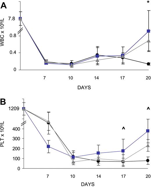 Figure 4. MBEC transplantation is associated with accelerated recovery of mature blood counts. Peripheral blood was collected every 3 to 4 days following the administration of 700 cGy total body irradiation to C57Bl6 mice. Groups of mice were given intravenous (n = 10, blue line) or intraperitoneal (n = 10, gray line) transplants of MBECs, and hematologic recovery was compared with that of irradiated control mice (n = 10, black line). The mean total WBCs and Plt counts were markedly reduced in all mice through day +14. By day +20, mice that received either intravenous or intraperitoneal MBECs demonstrated increased total WBC counts compared with control mice (A). (B) Mice that received intravenously administered MBECs displayed significantly increased platelet counts at day +17 compared with untreated controls, and mice that received either intravenous or intraperitoneal MBECs had higher platelet counts at day +20. *Significant difference in the levels between the group that received intraperitoneally administered MBECs and control mice; ∧significant difference between the mice that received intravenously administered MBECs versus untreated control animals. Standard errors about the mean are shown as error bars.