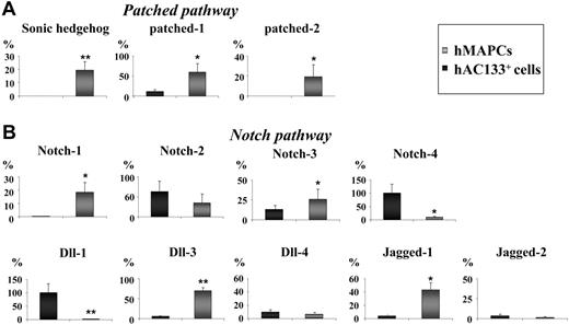 Figure 2. Notch and patched pathway members are differentially expressed in hMAPCs and hAC133+ cells. Q-RT-PCR analysis of members of the patched pathway (Shh, patched-1, and patched-2) (A) and the Notch pathway (Notch-1, -2, -3, and -4 and ligands Dll-1, -3, -4, and Jagged-1 and -2) (B) known to be involved in AV specification. Note differences in expression (see “Results”) between hMAPCs compared with hAC133+ cells. The mRNA levels in all panels are expressed in percentage versus a positive control (total RNA) and were normalized by using GAPDH as housekeeping gene. The mean (± SEM) of 3 different experiments in triplicate is shown. *P < .05; **P < .01 versus hAC133+ cells.