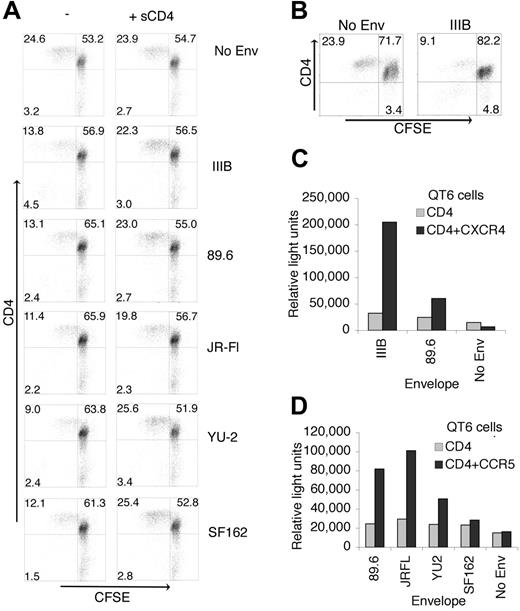 Figure 1. HIV Env suppresses anti–CD3-activated CD4+ T-cell proliferation. (A) 293T cells expressing IIIB, 89.6, YU-2, SF162, and JR-Fl Envs or no Env (poly(A, C) RNA transfected) were cocultured with CFSE-labeled PBMCs with or without sCD4. CD4+ T cells were activated with anti-CD3 mAb (0.5 μg/mL), stained with anti-CD4 mAb, and monitored for proliferation 4 days after coculture by flow cytometry. (B) Negatively selected purified CD4+ T cells were cocultured with 293T cells expressing IIIB Env or no Env and activated using anti-CD3 mAb (0.5 μg/mL). Fusion assays demonstrated surface expression of functional Env. Encoding mRNA-transfected 293T cells were mixed with QT6 cells expressing CD4 and CXCR4 (C) or CCR5 (D), and fusion of the 2 cell populations was measured by luciferase production. Quadrants are labeled with the percent of events in each. Experiments shown are representative of 3 independent experiments.