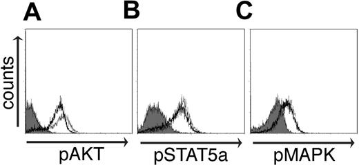 Figure 4. CD4+ T cells activated in the presence of Env phosphorylate AKT, p38 MAPK, and STAT5a but fail to up-regulate the activation markers CD69, CD25, and HLA-DR. PBMCs were cocultured with Env or control RNA-expressing 293T cells for 24 hours. Phosphorylation of AKT or MAPK 10 minutes after anti-CD3 (1.0 μg/mL) stimulation was measured using flow cytometry with gating on CD4+ T cells. Purified CD4+ T cells were exposed to control RNA or Env-expressing 293T cells and activated using anti-CD3 in the absence of IL-2. Two days later, cells were stimulated with 20 U/mL IL-2 and analyzed for STAT5a phosphorylation 7 minutes later. CD4+ T cells exposed to IIIB Env-transfected 293T cells and stained with isotype control mAb (shaded gray) or specific phosphoprotein mAb (thin line) or specific phosphoprotein mAb-stained control-transfected 293T cells (thick line) are shown for each signaling molecule. Experiments shown are representative of 3 independent experiments.