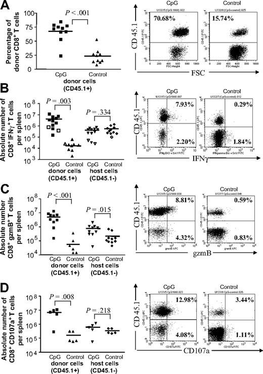 Figure 2. Production of IFNγ and granzyme B and detection of exocytosis in adoptively transferred CD8+ T cells. Chronically FV-infected (B10 × A.BY) F1 mice were treated with 4 × 106 naive, virus-specific CD8+ T cells from B6 mice carrying a TCRtg specific for the H-2Db–restricted gagL epitope of FV. The transferred CD8+ T cells were genetically labeled (CD45.1) to distinguish the host cell population from the donor cell population. B-type CpG-ODN 1668 (CpG) or control ODN without CpG motif (Control) (15 nmol) were injected twice. At 1 week after transfer, spleen cells of the recipient were harvested, and host (CD45.1−) and donor (CD45.1+) CD8+ T cells were stained for granzyme B (gzmB), IFNγ, and CD107a.9 Accumulated results are shown in the left column, with representative flow data in the right column. (A) The difference in the percentages of CD8+ donor T cells (CD45.1+) was statistically significant between the mice receiving CpG-ODNs or control ODNs. (B) Harvested cells were restimulated for 5 hours in vitro with α-CD3 and α-CD28 (closed symbols) or with 5 μg/mL FV DbGagL peptide and α-CD28 (open symbols) to detect intracellular IFNγ. Nonstimulated CD45.1+ CD8+ cells showed a background of less than 0.05% IFNγ-positive cells. The difference in absolute numbers of CD8+ donor (CD45+) T cells (CD45.1–) producing IFNγ was statistically significant between the mice receiving CpG-ODNs or control ODNs. (C) Harvested cells were analyzed directly ex vivo to detect intracellular granzyme B. The difference in absolute numbers of CD8+ donor and host T cells (CD45.1+) producing granzyme B was statistically significant between the mice receiving CpG-ODNs or control ODNs. Similar results were obtained for granzyme A production by CD8+ T cells (data not shown). (D) Harvested cells were analyzed directly ex vivo to detect CD107a expression. The difference in absolute numbers of CD8+ donor T cells (CD45.1+) expressing CD107a was statistically significant between the mice receiving CpG-ODNs or control ODNs. Percentages of positive donor (top right) and host (bottom right) cells are given in the respective quadrants. Mean values for each group are indicated by bars. Statistical analyses were done by unpaired t test.