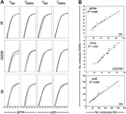 Figure 4. Quantitative assessment of mRNA expression in single cells. Single cells of each CD8+ T-cell subset were sorted, and cells expressing each gene identified, as shown in Figures 2–3. In all cells that scored positive for the expression of any particular gene, the mRNA expression levels of that gene were further quantified. (A) Each graph shows 3 cells from each population. We show GZMA and RANTES amplification because these genes can be found in all cell sets, and thus their expression levels can be directly compared. (B) Correlation between the number of mRNA molecules expressed by every single cell of TEM and TEMRA compounding subsets. Individual cells expressing GZMA, IL-10Rα, and RANTES from either TEM or TEMRA were ordered according to the expression level of that gene and attributed an ordinal point. The number of mRNA molecules associated with each ordinal point from TEM subsets was plotted against the correspondent ordinal point values of the equivalent TEMRA subset. The dots in the graphs represent the intersection of the values derived from the number of mRNA molecules expressed by 1 TEM cell (horizontal axis) and 1 TEMRA cell (vertical axis). Data are from 1 of 3 donors.