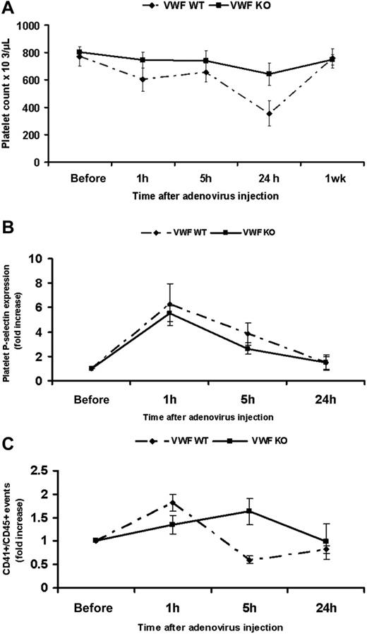 Figure 5. VWF KO mice do not show significant thrombocytopenia, experience a level of P-selectin expression but do not form platelet leukocyte aggregates following adenovirus administration. (A) Platelet counts were assessed at 1 hour, 5 hours, 24 hours, and 1 week following intravenous administration in WT and VWF−/−C57BL/6 mice showing nonsignificant thrombocytopenia in VWF−/− following adenovirus (n = 6, P = .002 in WT versus P = .06 in VWF KO mice). (B) Similar to VWF+/+ mice, platelets from VWF−/− mice show significant P-selectin expression at 1 hour after adenovirus injection (n = 3, P < .001) compared to preinjection expression but significantly lower when compared to WT (P = .01). (C) Graph showing nonsignificant platelet leukocyte aggregates at 1 hour following virus administration to VWF KO mice compared to the preinjection level (n = 3, P = .12 in KO versus P = .007 in WT mice)