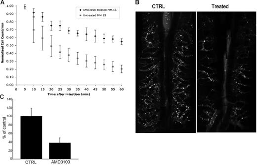 Figure 6. In vivo flow cytometry and confocal microscopy imaging of MM.1S in the presence or absence of AMD3100. (A) In vivo confocal flow cytometry. DiD-labeled cells (treated with 50 μM AMD3100 for 2 hours or untreated control) were injected in the tail veins of 2 BALB/c mice. Cells were counted every 5 minutes for 1 hour. The cell count decreased by 86% in the control and by 47% in the AMD3100-treated mouse (P = .002). (B) In vivo confocal imaging of 4 quadrants of the skulls of mice showing BM niches on each side of the sagittal sinus (center of each picture). Fluorescent cells homed to the parasagittal vascular segments in the untreated control mouse; the number of cells that homed to the BM was significantly lower in the AMD3100-treated mouse. (C) Mean cell count of fluorescent cells that homed to BM niches in areas 3 and 4 in 3 experiments of the untreated (CTRL) and treated AMD3100 mice. The cell count in the AMD3100-treated mice decreased to 38% compared with control (P = .01).