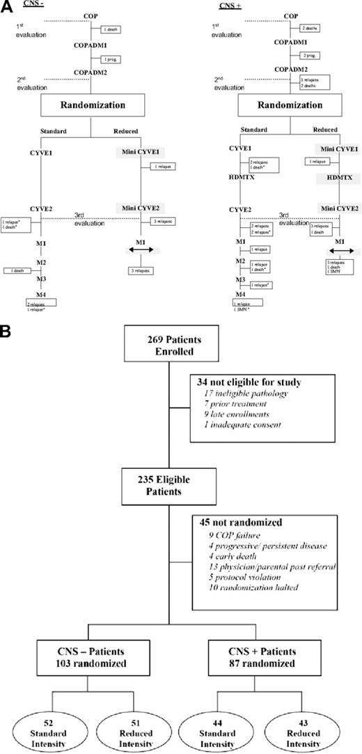 Figure 1. Treatment and follow-up. Treatment and design schema (A) and patient follow-up diagram (B). Reduction phase COP: cyclophosphamide, Oncovin (vincristine), and prednisone.4 Induction phase COPADM1 and COPADM2: cyclophosphamide, Oncovin (vincristine), prednisone, Adriamycin (doxorubicin), and methotrexate.4 Intensification phase CYVE or mini CYVE: cytosine arabinosine 3 g/m2 versus 2 g/m2 and etoposide 200 mg/m2 versus 100 mg/m2.4 Maintenance phase: maintenance 1, 2, 3 and 4.4 Rectangles indicate approximate times of treatment failure events; SMN, secondary malignant neoplasm.