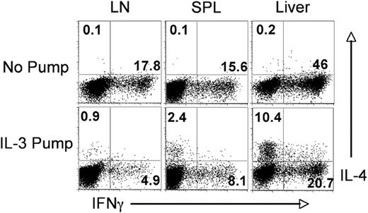 Figure 5. In vivo Th2 differentiation of naive CD4 T cells promoted by basophils. B10.A Rag−/− mice were implanted with an IL-3 pump. At 7 days after pump implantation, 2 × 106 5C.C7 CD4 T cells were intravenously transferred to the recipients. The mice were then intravenously immunized with 50 μg PCC protein. Cells from lymph nodes, spleen, and liver were harvested at day 7 after immunization and restimulated to measure cytokine production. Shown are intracellular IL-4 and IFNγ production of Vβ3+ CD4 T cells. Experiments were repeated 3 times with similar results.