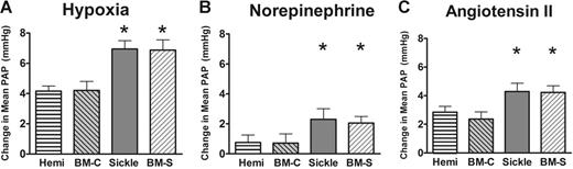 Figure 5. Enhanced responses to pulmonary vasoconstrictors. The vasoconstrictor challenges triggered enhanced pulmonary arterial pressure in the sickle mice and BM-S mice. (A) Hypoxic pulmonary vasoconstrictor response. Acute exposure to 10% oxygen increased pulmonary artery pressure in both sickle and mice receiving transplants with marrow from sickle mice compared with hemizygous controls. (B) Norepinephrine (0.3 μg/kg/min) was associated with increased pulmonary artery pressure in both sickle mice and BM-S mice compared with controls. This difference was also observed at other doses of norepinephrine (0.1 and 1.0 μg/kg/min, P < .05 for both, data not shown). (C) Angiotensin II (0.3 μg/kg/min) was also associated with increased pulmonary artery pressure in sickle mice and BM-S mice compared with controls. Similar results were observed at a lower dose (0.1 μg/kg intravenous bolus, P < .05, data not shown). Statistically significant differences from hemizygous controls are noted by *P < .05. Numbers represent mean ± SEM for n = 4-7 per group.