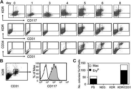 Figure 2. Surface marker expression on developing EBs. (A) Flow cytometric analyses of different aged EBs showing expression patterns of KDR, CD117, CD31, and CD34. (B) Coexpression of KDR, CD31, and CD117 on a subpopulation of day-8 EBs. Shaded histogram represents population stained with anti-CD117 antibody; open histogram is unstained control. (C) Hematopoietic progenitor potential of the presorted population (PS), and the CD31−KDR− (NEG), CD31−KDR+ (KDR), and CD31+KDR+ (KDR/CD31) fractions isolated from day-8 EBs.